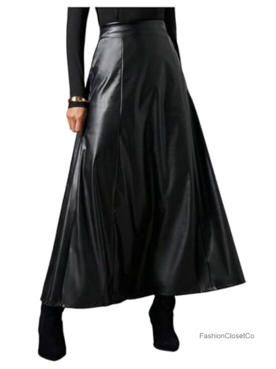 Dresses & Skirts - Faux Leather Maxi Skirt High Waisted A Line Flare Hem Going Out